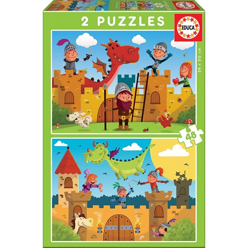Educa - Dragones y Caballeros, 2 Puzzles infantiles de 48 piezas, a partir 4 años (17151)
