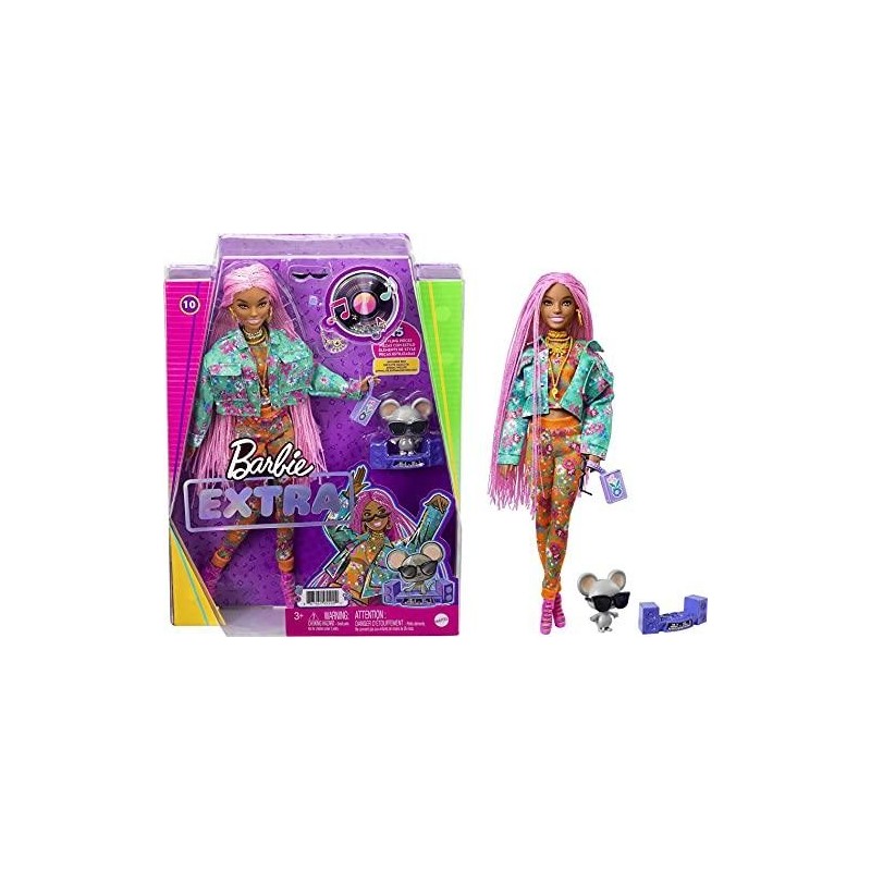 Barbie Extra Muñeca articulada con trenzas rosas y ropa de flores,  accesorios de moda y mascota (Mattel GXF09)