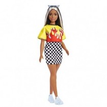 Barbie Fashionista Muñeca pelo blanco y negro curvy con top con llamas, falda de cuadros y accesorios de moda (Mattel HBV13)