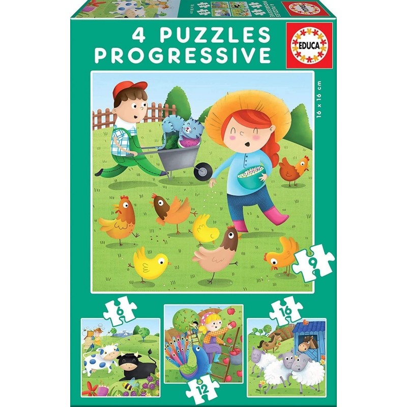Educa - Puzzles puzzle infantil Animales de Granja de 6,9,12 y 16 piezas, a partir de 3 años (17145)